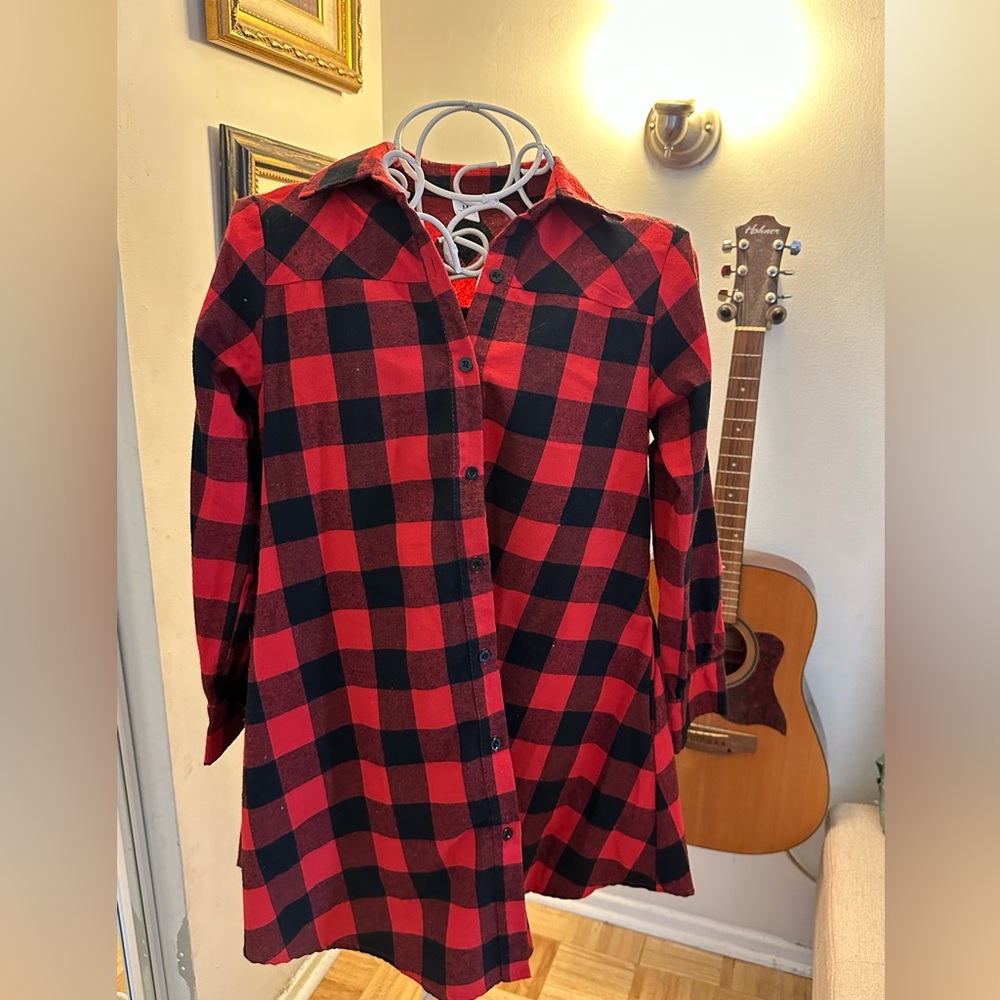 Red checked flannel a line dress.
